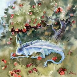 blue dragon original fantasy art watercolor painting by yulia evsyukova