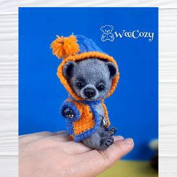 gray miniature bear in a hoodie