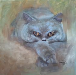 Cat Painting Animal Artwork Pet Portrait Wall Art Grey Cat Oil Painting