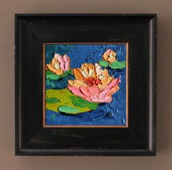 water lilies painting original art small impasto oil painting flower art 4 x 4 in by verafe