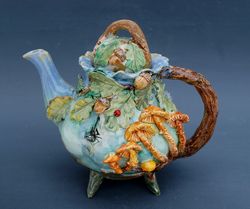 forest teapot, mushrooms figurines ,botanical ceramics, oak leaves, acorns, ladybug,spider ,handmade, forest fairy tale