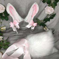 realistic white bunny ears headband and tail