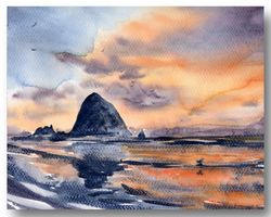 cannon beach painting large watercolor print oregon coast poster haystack rock sunset seaside