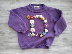 handmade wool knit sweater with baby's name. personalized winter knitted sweater with flowers embroidery for girls, kids