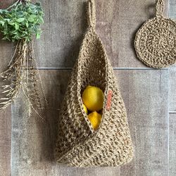 hanging fruit basket jute vegetable basket saving kitchen counter zero waste boho cottagecore decor kitchen storage