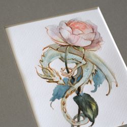 rose dragon watercolor painting original fantasy art by yulia evsyukova