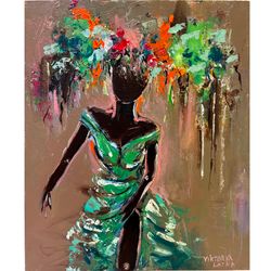 black woman painting original art flowers art african woman painting peony painting 13 by 16" faceless portrait painting