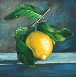 lemon painting, original art, fruit painting, food artwork, kitchen small painting, 7.9 by 7.9 in