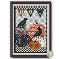 halloween sampler cross stitch pattern pumpkins and crow hello halloween pdf file instant download 177