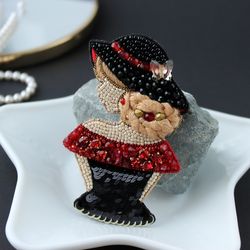 embroidered brooch girl in a hat. beaded brooch handmade. girlfriend gift