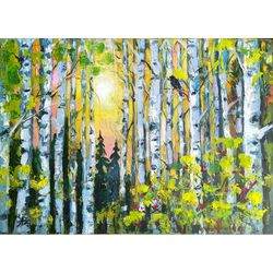 birch tree painting raver original art birch raven trees bird art forest landscape