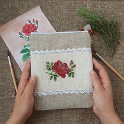 cosmetic bag with embroidered rose