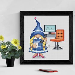 office gnome cross stitch pattern pdf, female gnome, funny cross stitch, lady gnome