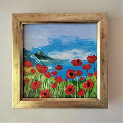 poppies painting field of poppies landscape impasto small wall art floral wall decor california ocean art ocean artwork