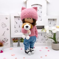 sale textile doll tilda with cute dog doll interior handmade doll custom doll art doll personalized doll rag doll cloth