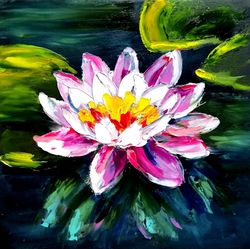 lotus painting floral original art water lily wall art