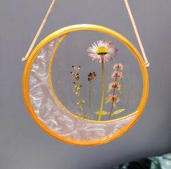 moon suncatcher with pressed flowers in resin art, framed pressed flower frame, resin moon  wall decor