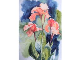 cannae painting botanical watercolor painting 12" by 16" floral original art orange flower living room wall art