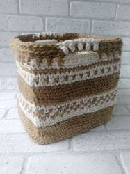 basket for storage crochet jute.craft storage basket.interior decor basket. basket with jacquard pattern.