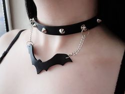 black leather bat gothic collar necklace with spikes for woman.