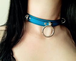 turquoise leather bdsm day collar. plus size human collar choker