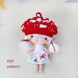 mushroom doll sewing pattern and tutorial with photos felt doll in a mushroom hat, nursery decor neutral