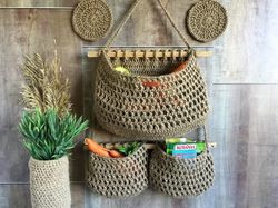 hanging fruit basket kitchen storage three tier jute basket boho wall fruit storage space saving sustainable gift rustic