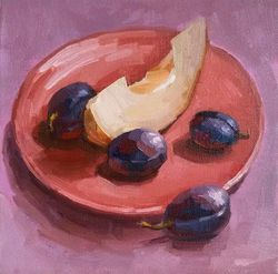 plum painting fruit original art melon artwork fruit plate still life 8 x 8" by svetlana