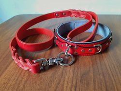 submissive bdsm set collar with long leash. red leather bondage kit for sub.