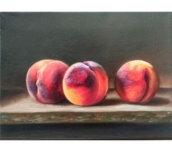 peach painting, original art, fruit painting, food artwork, kitchen artwork, still life painting, 7.1 by 9.4 in