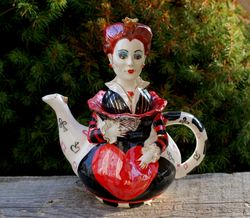 handmade porcelain teapot, alice in wonderland ,red queen teapot figurine porcelain art queen of heartse ,unusual