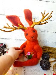 jackalope stuffed animal. toy jackalope stuff. crocheted animal jackalope plush. soft toy rabbit figurine with horns.