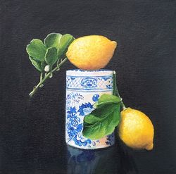 lemon painting, original art, fruit painting, food artwork, kitchen artwork, still life painting, 12 by 12 in