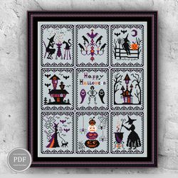 spooky halloween sampler cross stitch pattern spooky bats witches pdf file instant download 163