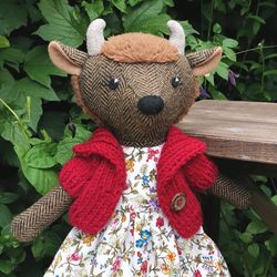 brown buffalo girl, tweed stuffed doll, handmade wool bison toy