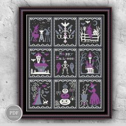 spooky halloween sampler cross stitch pattern spooky bats witches pdf file instant download 164