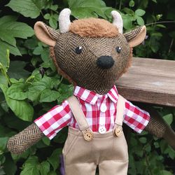 brown buffalo boy, wool stuffed doll, handmade plush bison