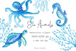 watercolor clipart sea animals blue jellyfish, seahorse. watercolor sublimation.sea  wildlife ocean  animal.