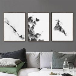 watercolor prints monochrome mountains, set of 3 posters