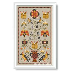 fraktur vase with flowers and birds cross stitch pattern