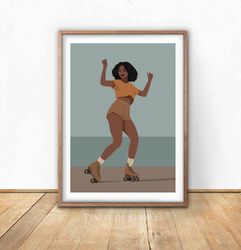 black woman roller skater, printable wall art in boho style, african american girl rides on roller skates, digital.