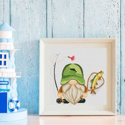 fisherman, cross stitch pattern, gnome cross stitch, counted cross stitch, fishing cross stitch