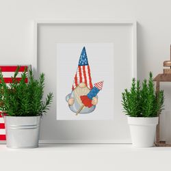 patriotic gnome, cross stitch pattern, counted cross stitch