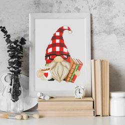 book gnome, cross stitch pattern, gnome cross stitch, book cross stitch