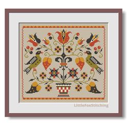 fraktur flowers and drakes cross stitch pattern