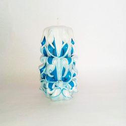 blue candle. gift for mom. carved candle. candle hand made