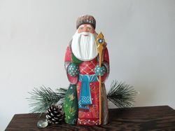 wooden russian santa claus, santa with turquoise belt, 8 inches tall hand carved figure