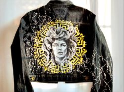 art to wear, hand painted denim jacket gorgon art, alternative clothing, custom clothing, wife of the party denim jacket