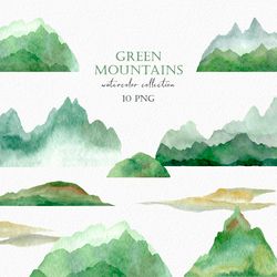 watercolor green mountains clipart, summer tropical landscapes, nature clip art