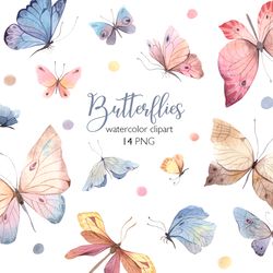 watercolor pastel butterflies and moths clipart, delicate pastel butterfly, insect clip art